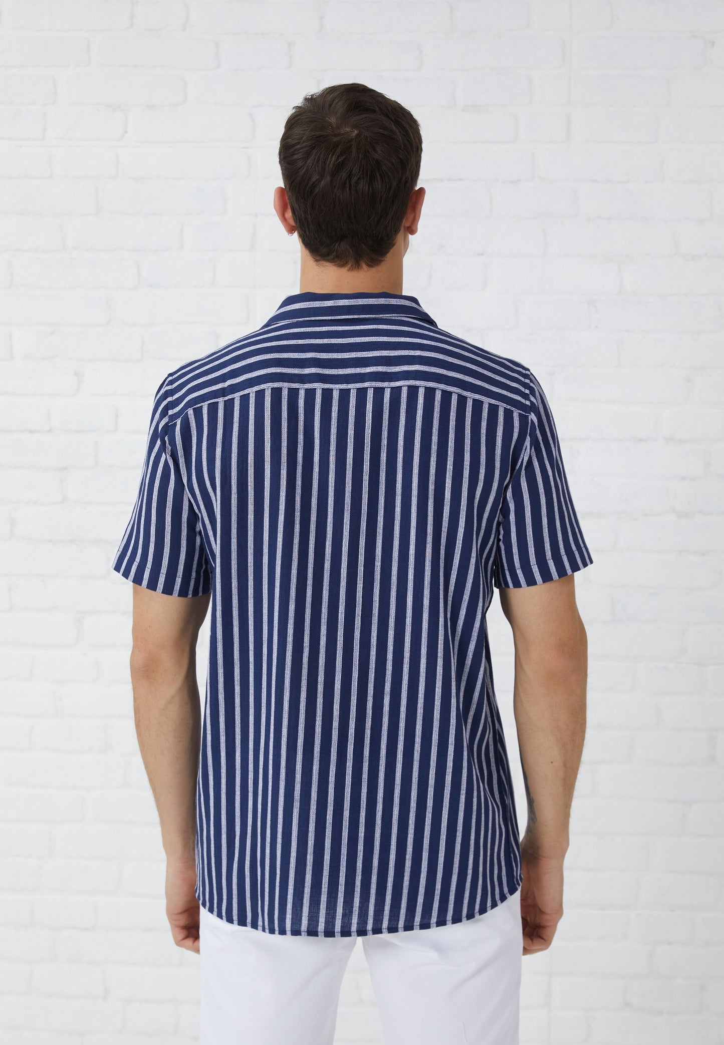Pier One | LINEN MIX SHIRT Camisa Riscas Azul Escuro/Branco Algodão-Linho