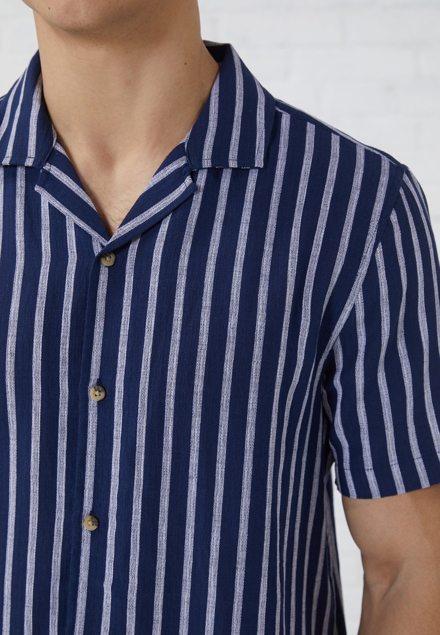 Pier One | LINEN MIX SHIRT Camisa Riscas Azul Escuro/Branco Algodão-Linho