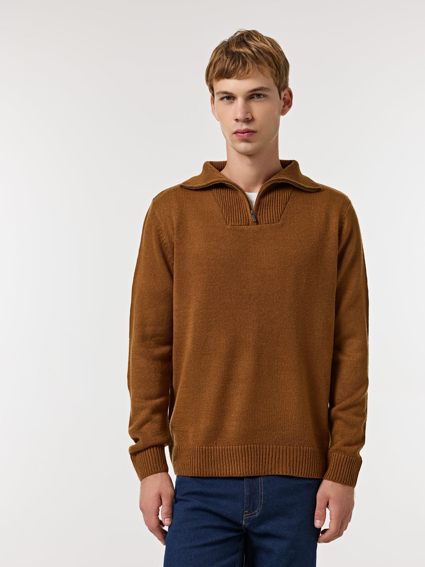 Camisola de Malha com Gola Canelada e Fecho em Zip