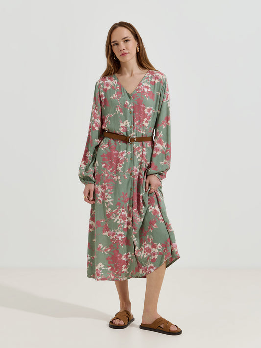 Vestido Midi Floral com Decote em V
