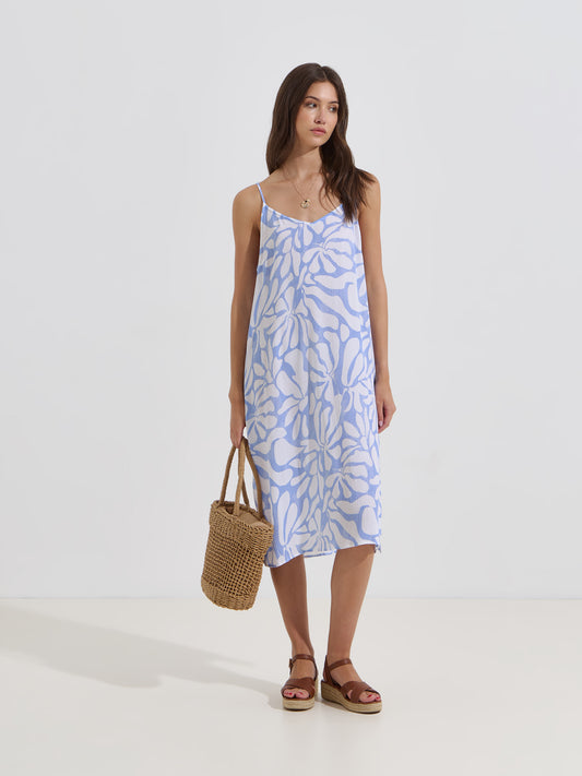 Vestido Midi com Padrão Fluido e Alças Finas Ajustáveis