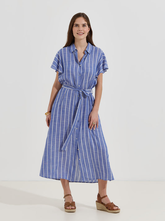 Vestido Camiseiro às Riscas com Cinto, Bolsos e Manga Curta com Folho | Verão — S/M e L/XL