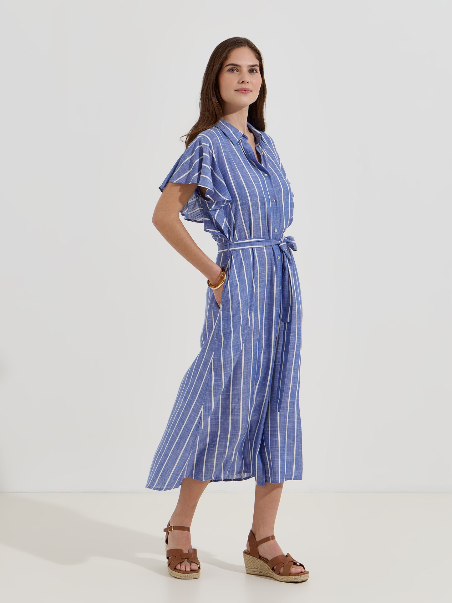 Vestido Camiseiro às Riscas com Cinto, Bolsos e Manga Curta com Folho | Verão — S/M e L/XL