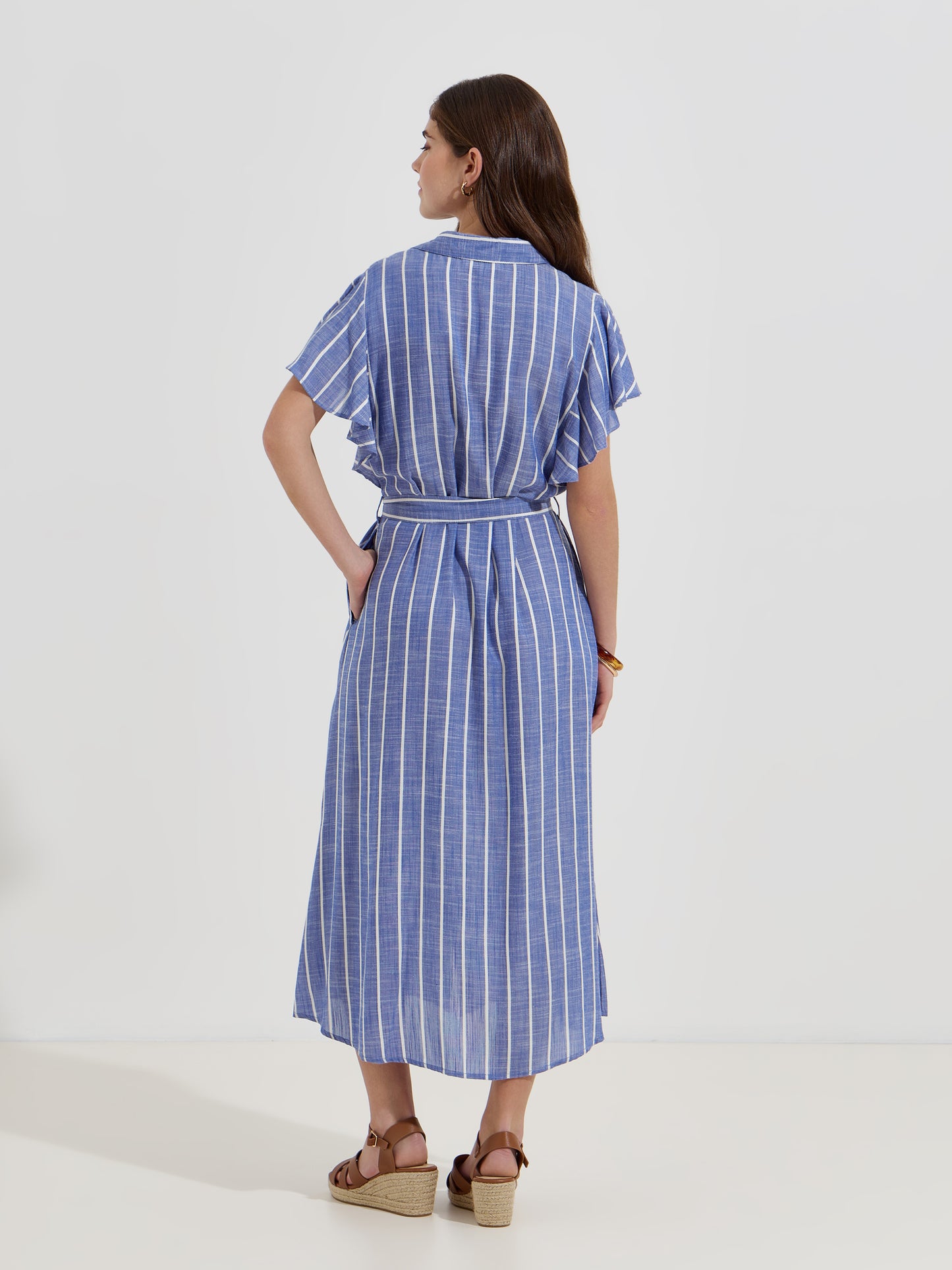 Vestido Camiseiro às Riscas com Cinto, Bolsos e Manga Curta com Folho | Verão — S/M e L/XL