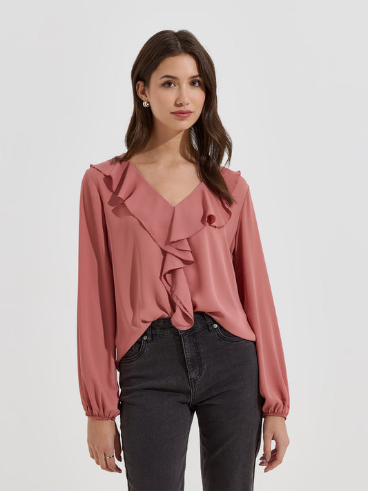 Blusa Fluída Decote em V com Folho e Manga Comprida