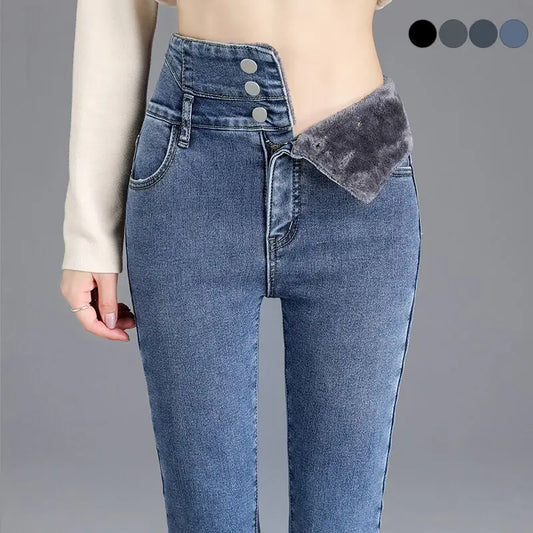Calças Jeans Lápis Térmicas Forradas | Velo Quente Cintura Alta Slim Inverno 4 Cores
