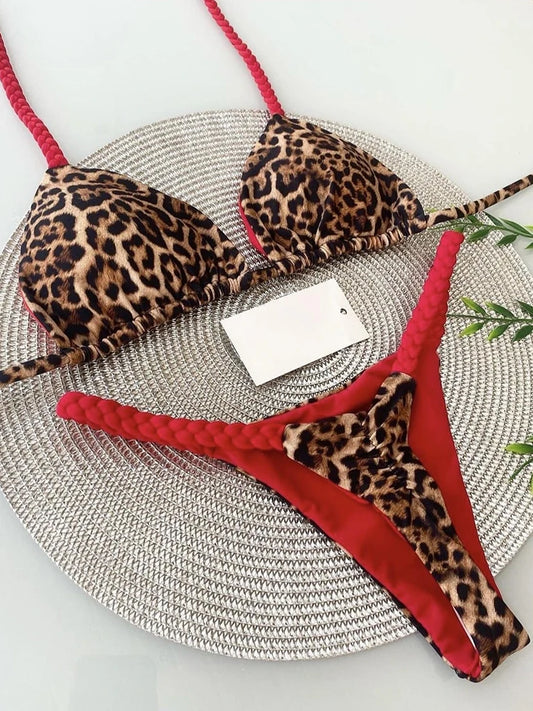 Conjunto Biquíni Feminino Leopardo | Estampa Impressa | Tanga Brasileira | Bandagem | Sem Fio | Cintura Baixa | 5 Cores | S ao L