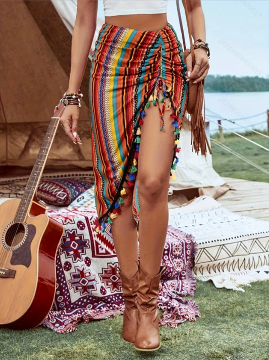 Saia Plissada Feminina com Babados | Blocos de Cores Assímetrica Casual Verão