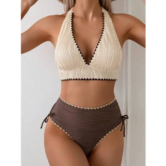 Conjunto Biquíni Feminino Cintura Alta | Top Triangular com Nó | Nylon Elastano | Brasileiro | Cor Sólida | S ao XL