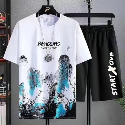 Conjunto Masculino Verão 2 Peças — Camiseta + Shorts Graffiti, Confortável e Respirável