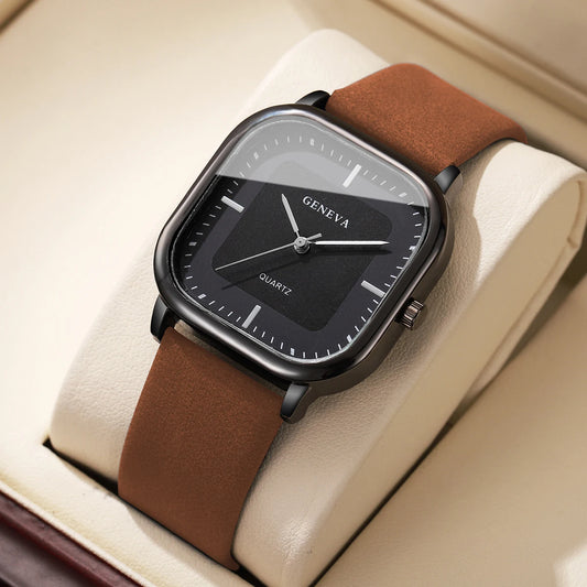 Relógio Masculino Minimalista — Mostrador Quadrado, Quartzo e Pulseira de Couro