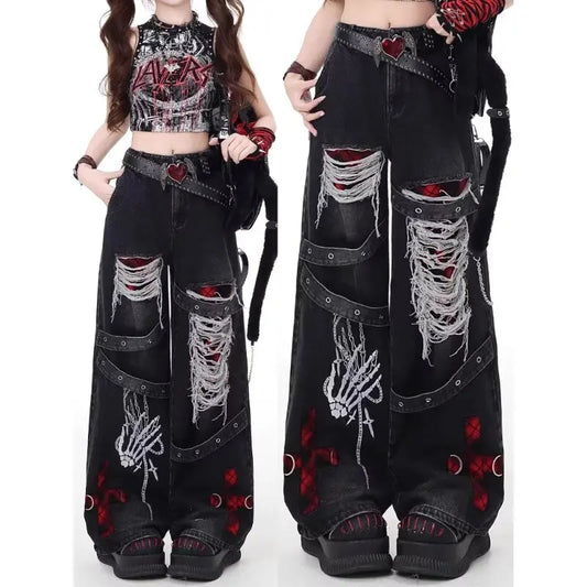 Calças Jeans Retas Punk Retro Lavadas | Cintura Alta | Estilo Americano | S a XXL