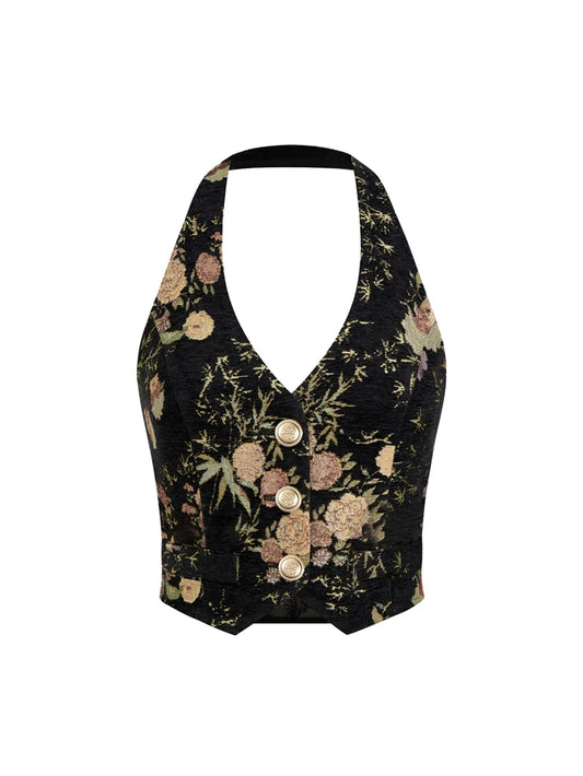 Regata Feminina Chiffon | Halter Neck Botão Decoração Vazada Slim Verão S-XL