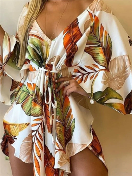 Vestido Mini Feminino Boémio — Decote em V, Manga Morcego e Estampa Floral | Praia e Férias | 10 Cores | S a XXL