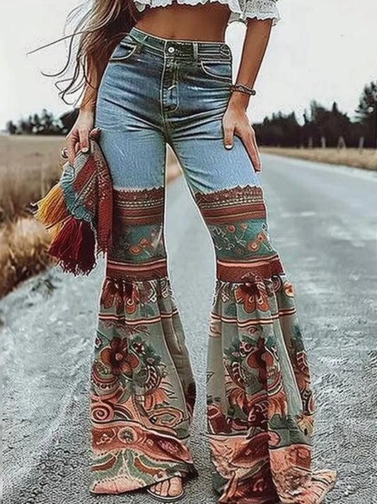 Calças Flare Jeans Floral Patchwork Vintage | Cintura Alta Slim Comprimento Chão Festa Casual