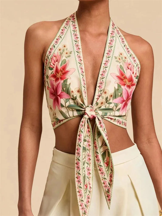 Regata Feminina Y2K Halter Floral | Nó Frontal Sem Costas Boho Verão