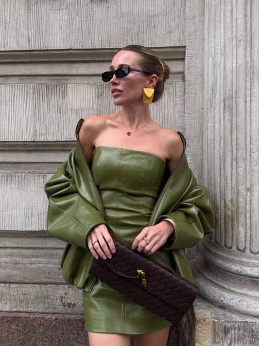 Conjunto Feminino Couro Sintético — Jaqueta + Saia Longa ou Calças | Estilo Moto Chic Elegante | Várias Opções | S a L