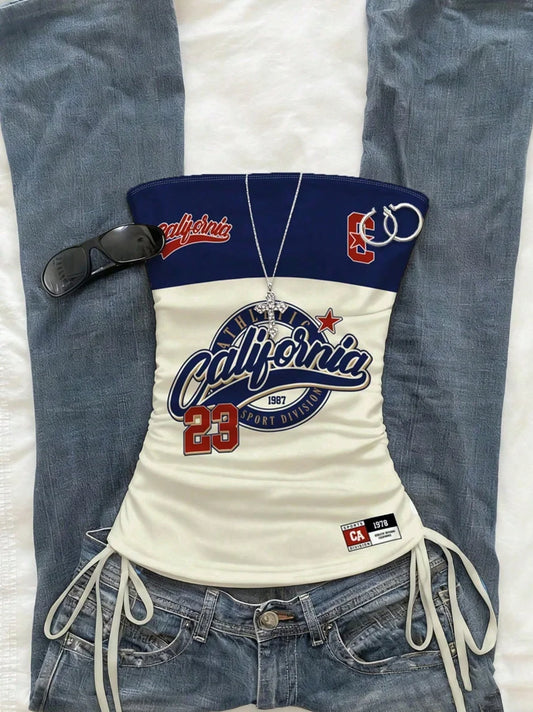 Top Cropped Feminino com Cordão Frontal | Estampa Esportiva Elegante Verão