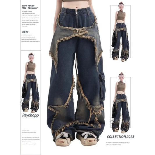 Calças Jeans Retas Oversized Estrela de Cinco Pontos | Vintage Americana Desgastada High Street Azul