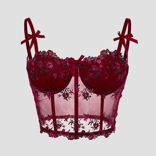 Top Cropped Renda Floral com Laço | Estilo Espartilho Feminino Sexy