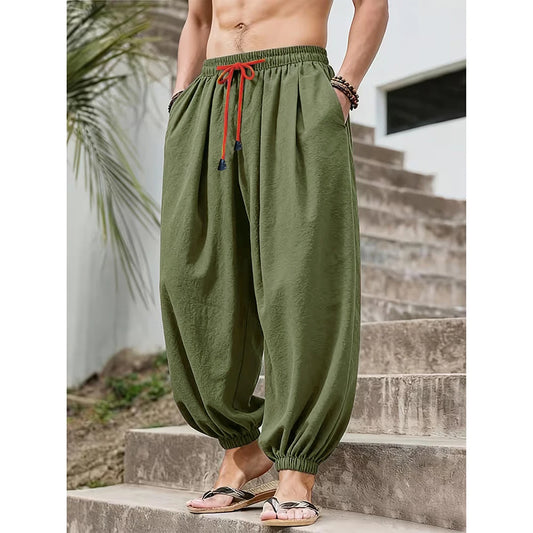 Calças Harém Masculinas | Linho e Algodão | Pernas Largas | Cintura Elástica | 3 Cores | S ao XXXL