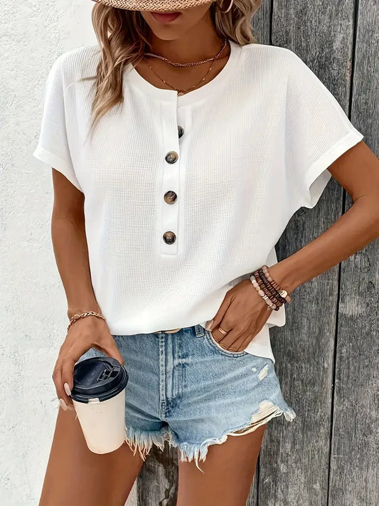 T-shirt Malha Tricô Gola Redonda | Manga Curta Botão Solto Casual Verão