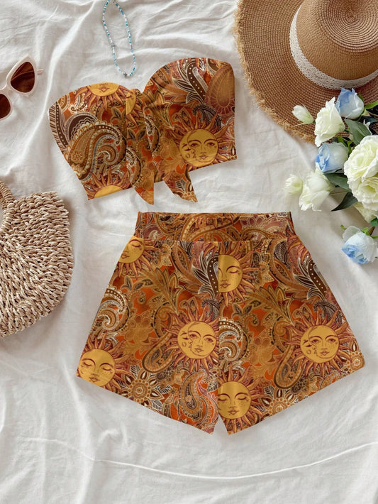 Conjunto Feminino 2 Peças | Estampa Vintage Sol Deus Paisley Costas Abertas Praia Verão XS-XL