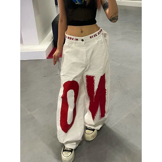 Calças Jeans Baggy Brancas Impressão de Letras | Y2K Harajuku Hip Hop 2000s Vintage Oversize