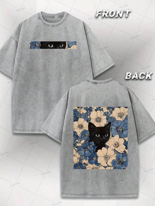 T-Shirt Feminina Y2K | Estampa Gato Preto & Floral | Vintage Lavado