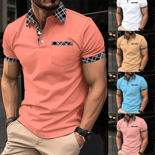 Camisa Polo Masculina | Botão e Bolso | Detalhes em Cor | 5 Cores | S ao XXXL