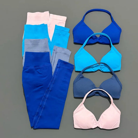 Conjunto Desportivo Feminino 2 Peças — Sutiã Halter Sem Costas + Calças Scrunch Cintura Alta | Yoga e Ginásio | 24 Cores | XS a L