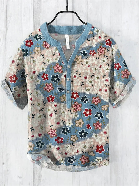 Camisa Masculina Manga Curta | Seda e Fibra de Bambu Decote em V Estampa Paisagem Retrô S-5XL