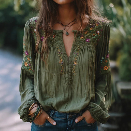 Blusa Boémia Étnica Retrô | Estampa Floral Franzida Decote V Solta Casual Primavera 2026