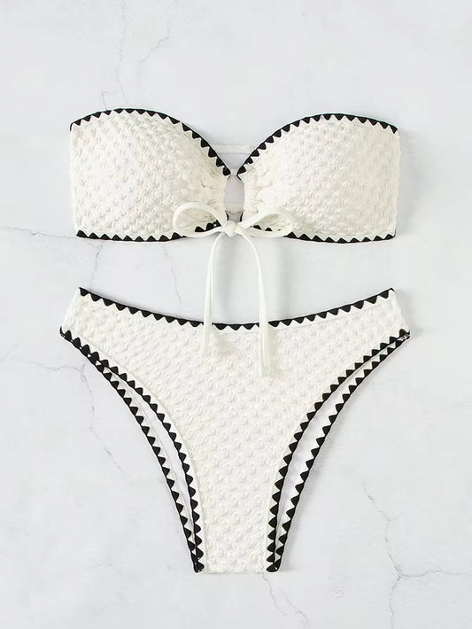 Conjunto Biquíni e Maiô Feminino | Bandeau Sem Costas | Com Nós | Rendas e Retalhos | Cintura Alta | 23 Cores | XS ao XL