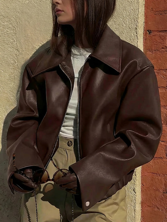 Jaqueta Bomber Curta Couro PU Marrom Chocolate | Zip | Punhos Elásticos | S a XL