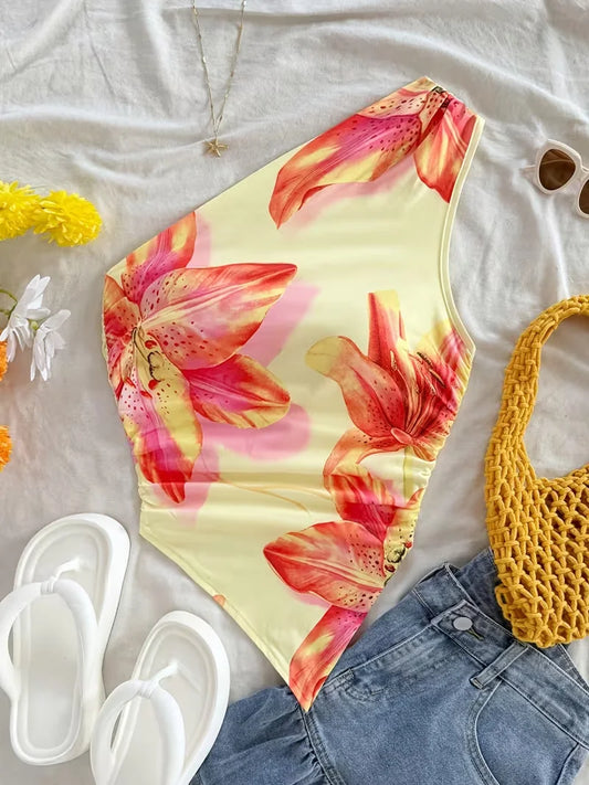 Top Feminino Ombro Único | Estampa Floral Bainha com Babados Assimétrico Verão XS-XL