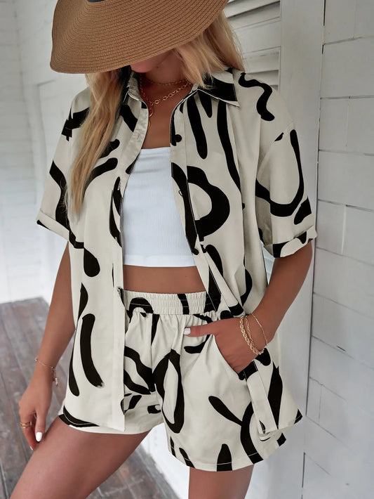 Conjunto Feminino 2 Peças — Camisa Manga Curta com Botões + Shorts Cintura Elástica | Listrado Praia e Férias | Branco | S e M