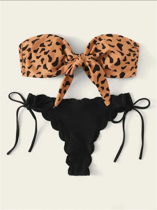 Conjunto Biquíni Feminino Bandeau | Leopardo com Babados | Rendas Gravata | Push-Up | Cintura Baixa | 3 Cores | S ao XL