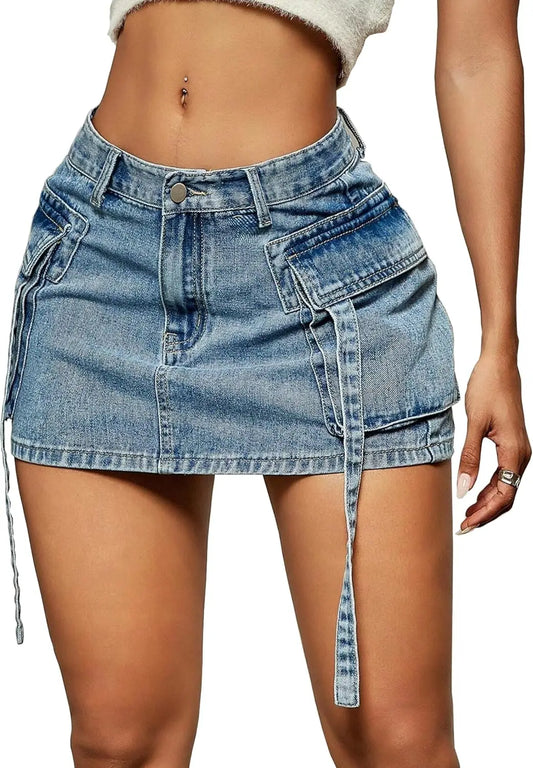 Mini Saia Jeans Y2K com Bolsos | Cintura Baixa