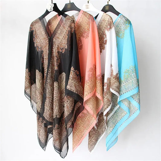 Xale Feminino Chiffon | Estampa Floral Caju | Manga 3/4 | Cobertura de Biquíni | Anti-Sol | 12 Cores