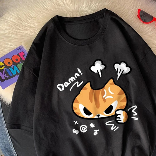 T-Shirt Feminina Gato Irritado | Cartoon Y2K Gráfica Verão