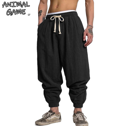 Calças Harém Masculinas | Algodão e Linho | Estilo Coreano | Cintura Elástica | 6 Cores | S ao 4XL