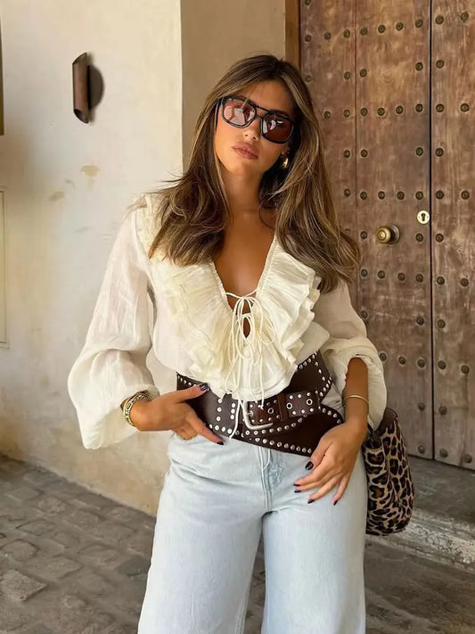 Blusa Elegante Manga Lanterna | Decote em V Renda em Camadas Casual Feminino Primavera