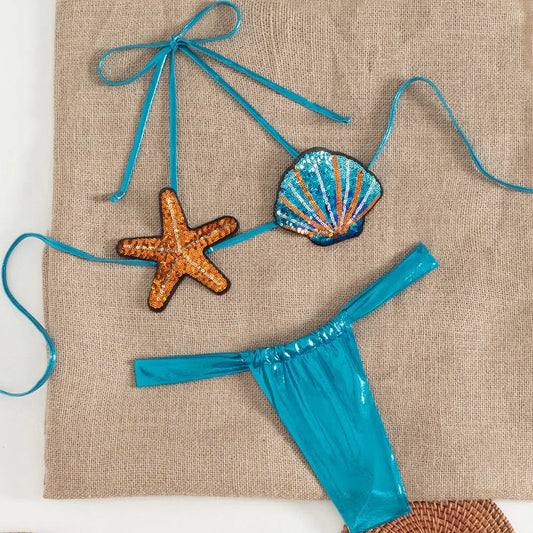 Conjunto Biquíni Feminino | Lantejoulas Estrela do Mar | Push-Up Plissado | Tanga Brasileira | Bandagem | Cintura Baixa | 3 Cores | S ao L