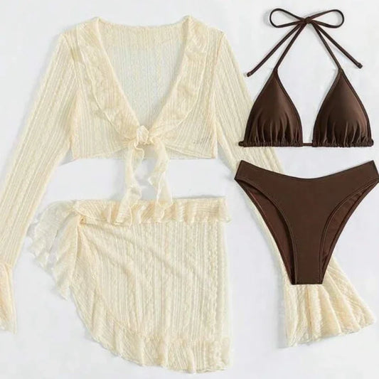 Conjunto Biquíni Feminino 4 Peças | Top + Calcinha + Manga Longa + Cover-Up | Cor Sólida | Poliéster | 2 Cores | S ao L