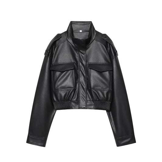 Jaqueta Bomber Couro Falso Curta | Gola Alta | Zip | Cáqui & Preto | XS a L