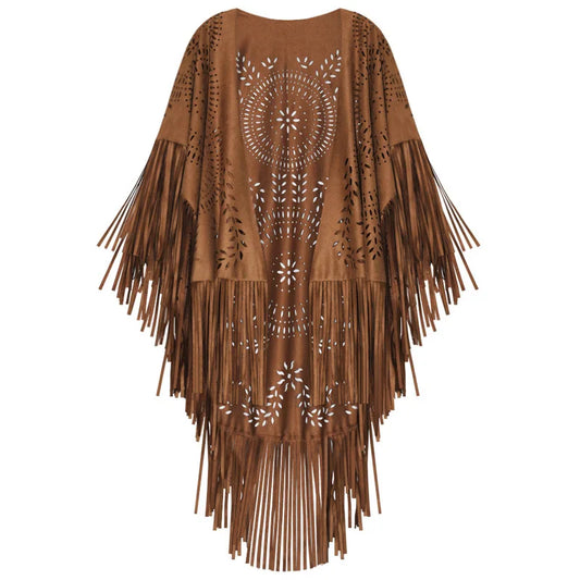 Xale Poncho Feminino Boho com Franjas | Padrão Floral Vintage Todas as Estações