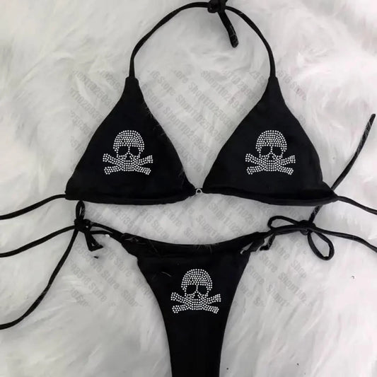 Conjunto Biquíni Feminino Y2K | Strass Crânio Emo | Sutiã Acolchoado | Cintura Alta | Sem Fio | Preto | S ao XL