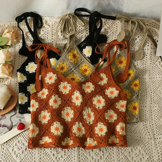 Top de Crochê Floral Feminino | Sem Mangas Estilo Boho Praia Verão