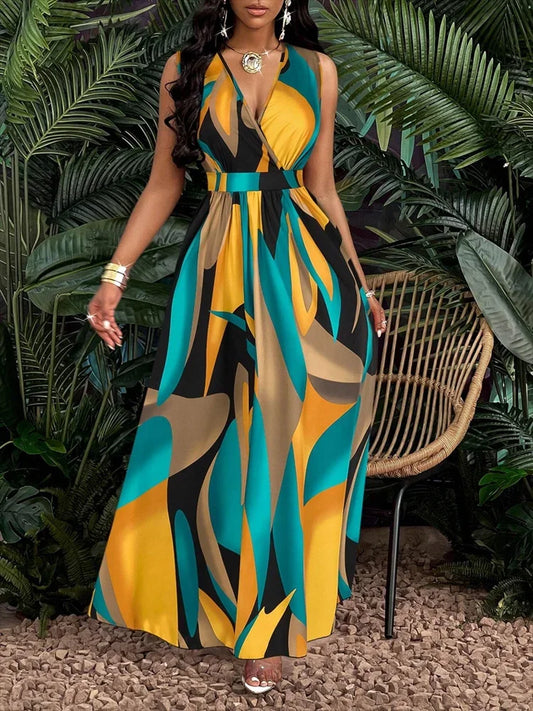 Vestido Maxi Feminino — Dourado, Decote em V, Estampado Abstrato, Sem Mangas | Praia e Casual | S a XXL